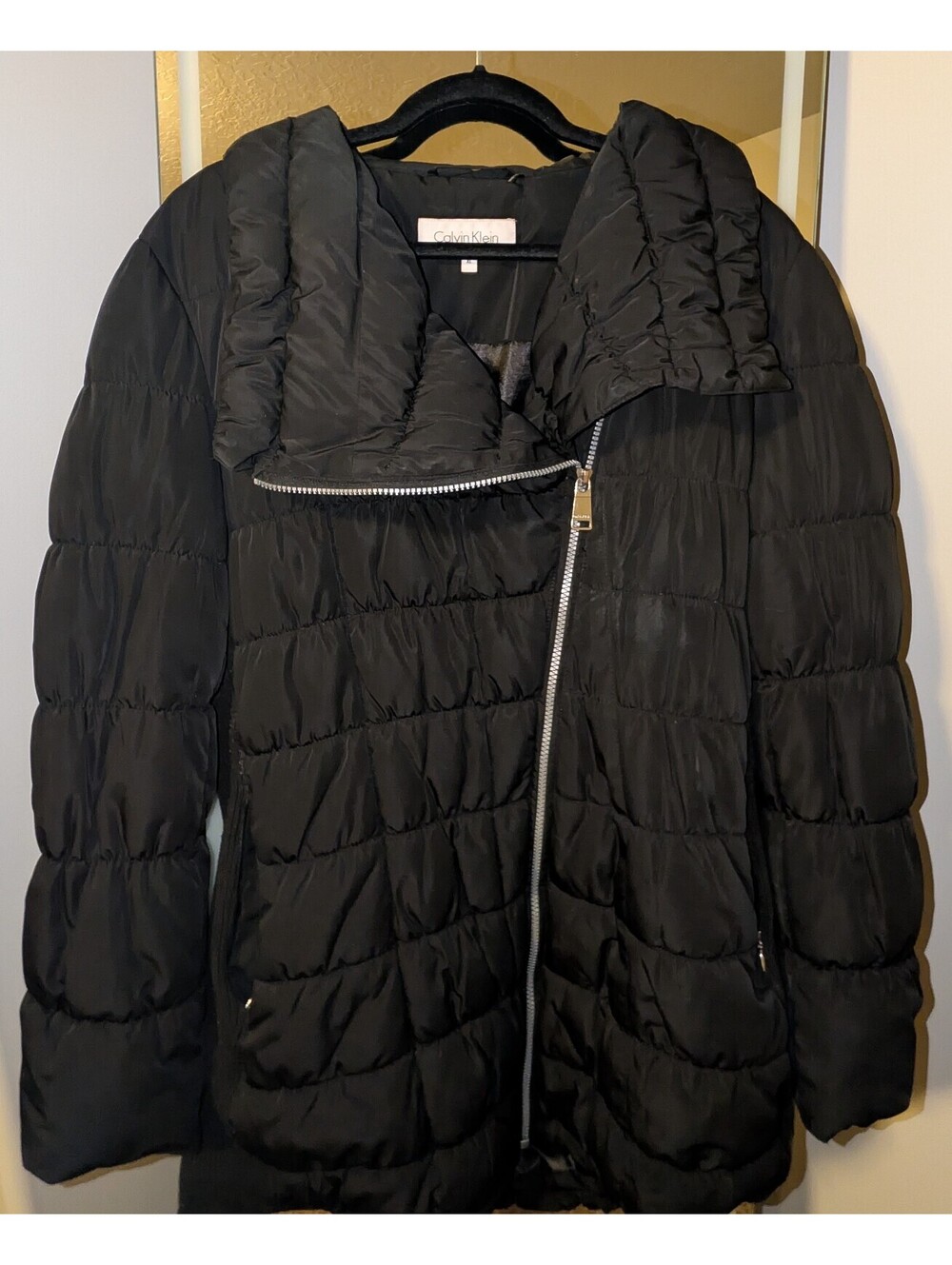 Calvin Klein Women's Black Quilted Puffer Jacket with Asymmetrical Zipper
